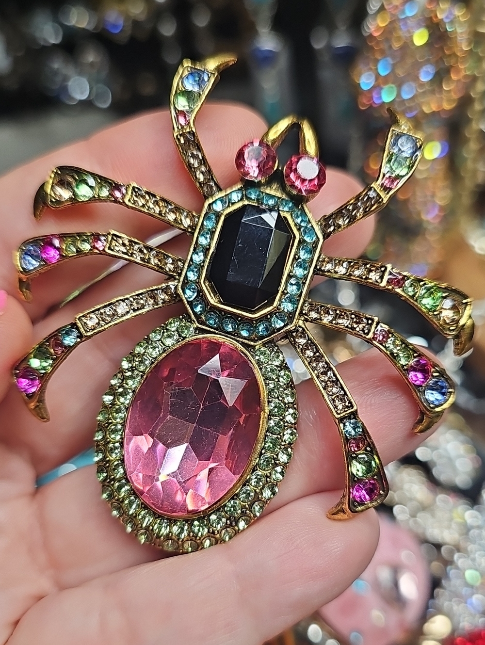 Gold-Tone Multicolor Crystal Spider Brooch - Pink Center